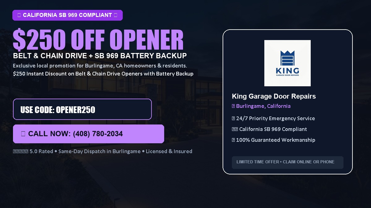 $250 OFF Smart Garage Door Opener Installation (Belt & Chain Drive with California SB 969 Battery Backup) in Burlingame, CA